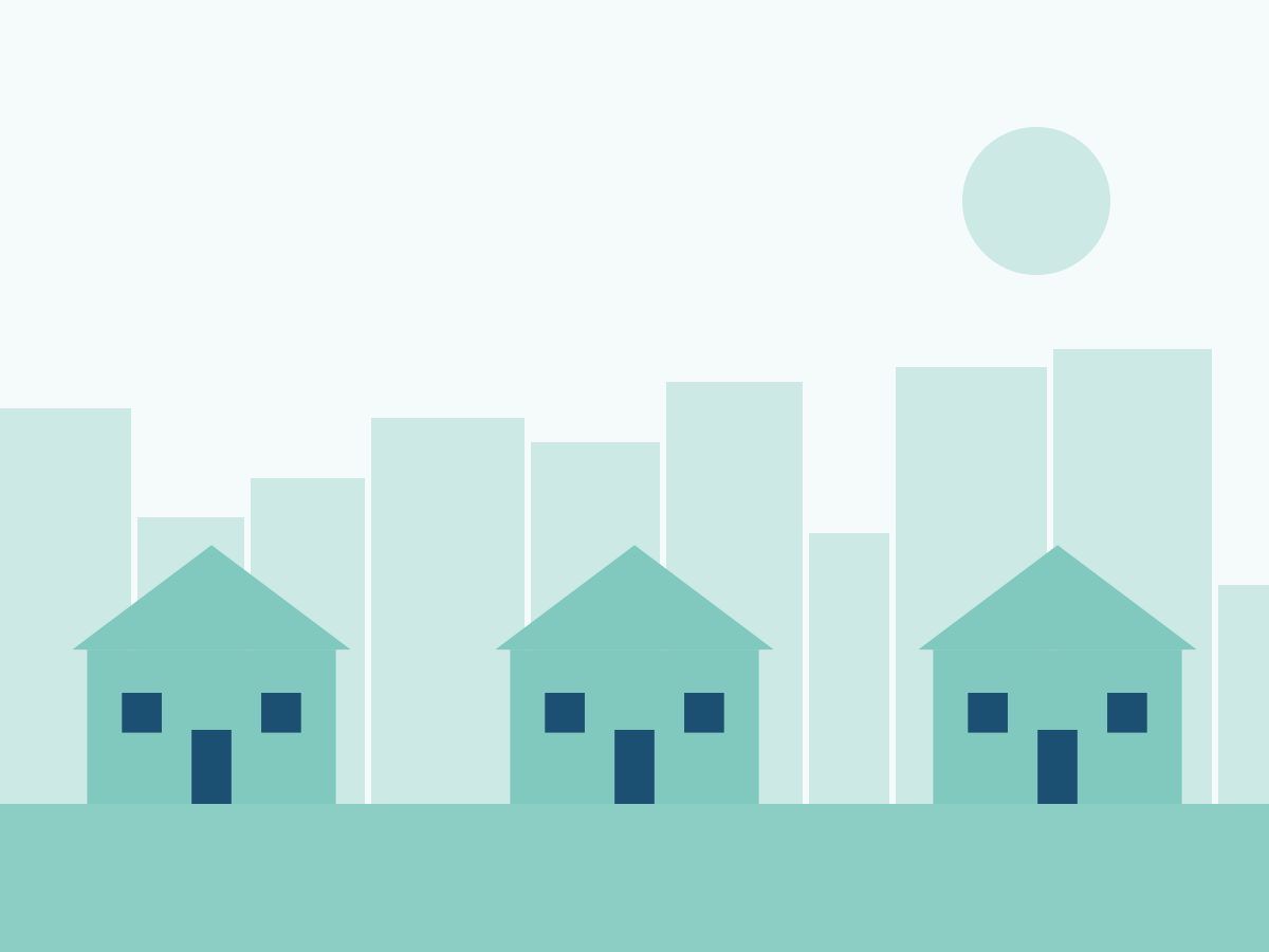 Ilustração de três casas térreas em frente a prédios, em tons de menta