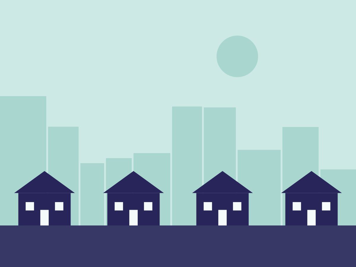 Ilustração de quatro casas em fileira diante de uma paisagem urbana