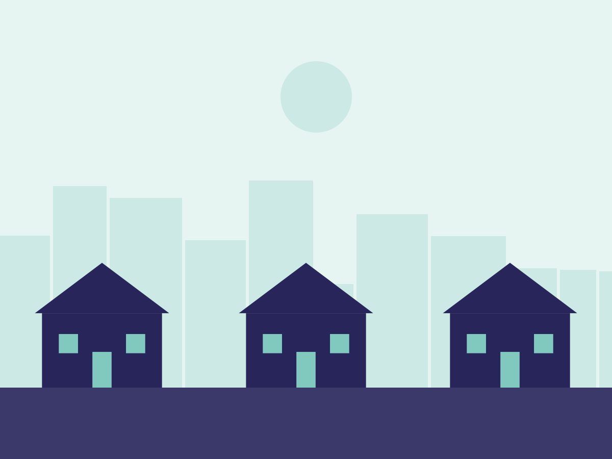 Ilustração de três casas índigo com prédios claros ao fundo